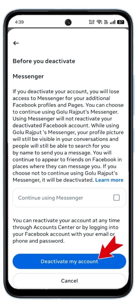 Facebook Account Deactivate कैसे करें 2026