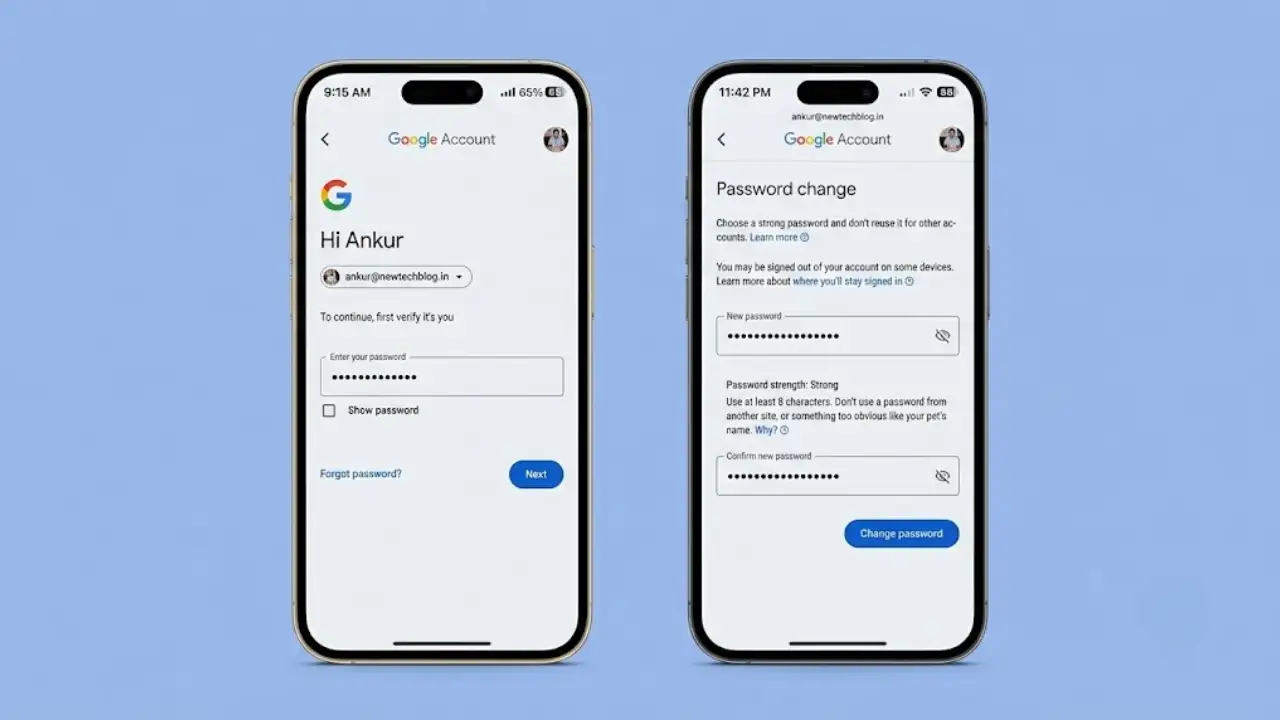 User changing Google Account password on Android phone for better account security.