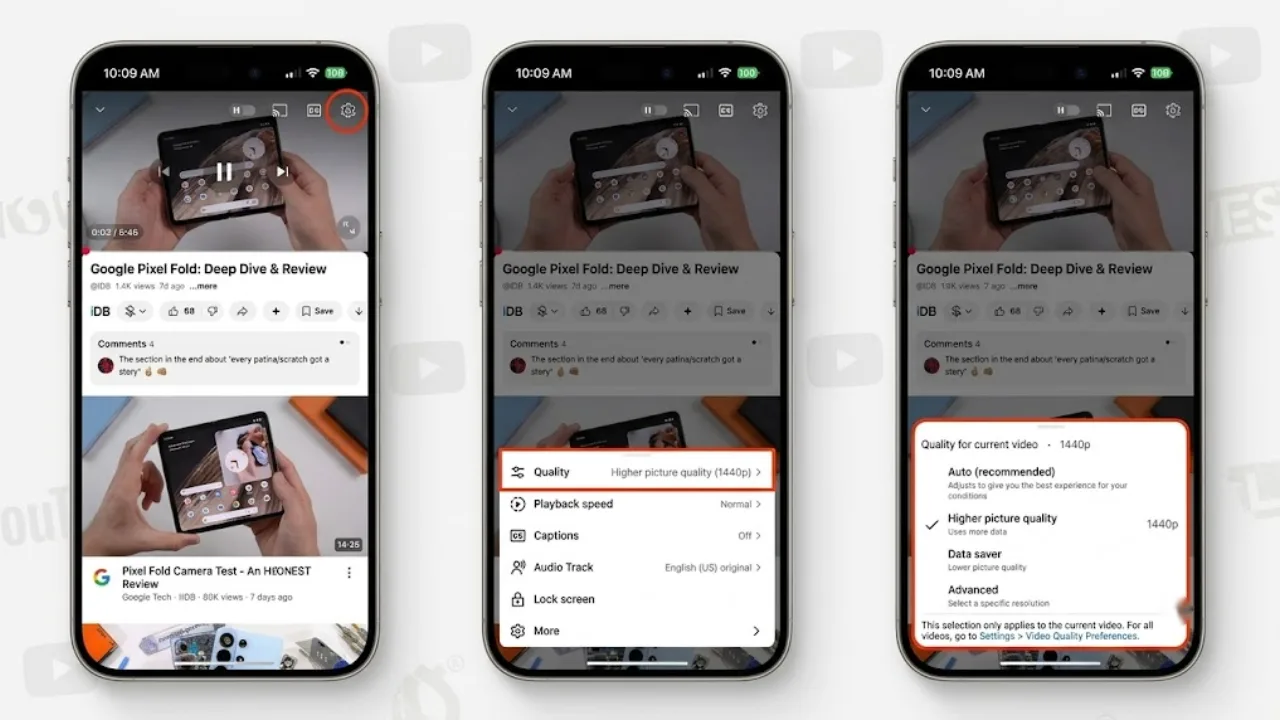 Person changing YouTube video quality settings from Auto to 1080p HD on a smartphone.