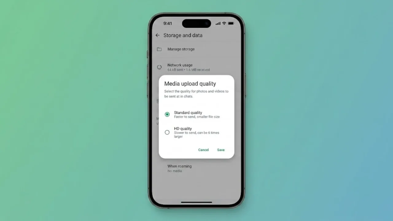 Person sending HD-quality photos on WhatsApp using the built-in HD photo upload feature on an Android smartphone.
