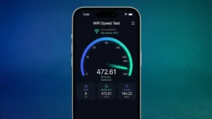 Wi-Fi speed test showing download speed, upload speed, and ping results on a smartphone and laptop.