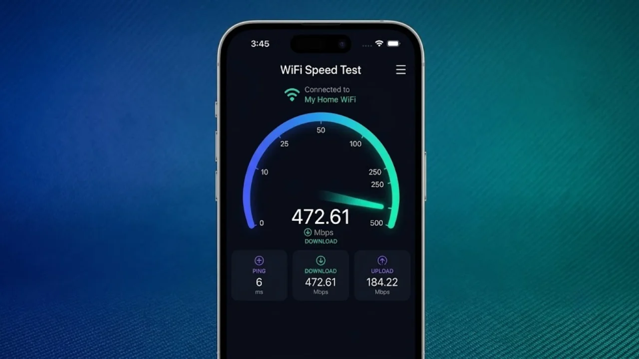 Wi-Fi speed test showing download speed, upload speed, and ping results on a smartphone and laptop.