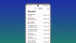 Android smartphone displaying the recent calls screen with the option to clear call history, demonstrating how to remove call logs safely without affecting contacts.