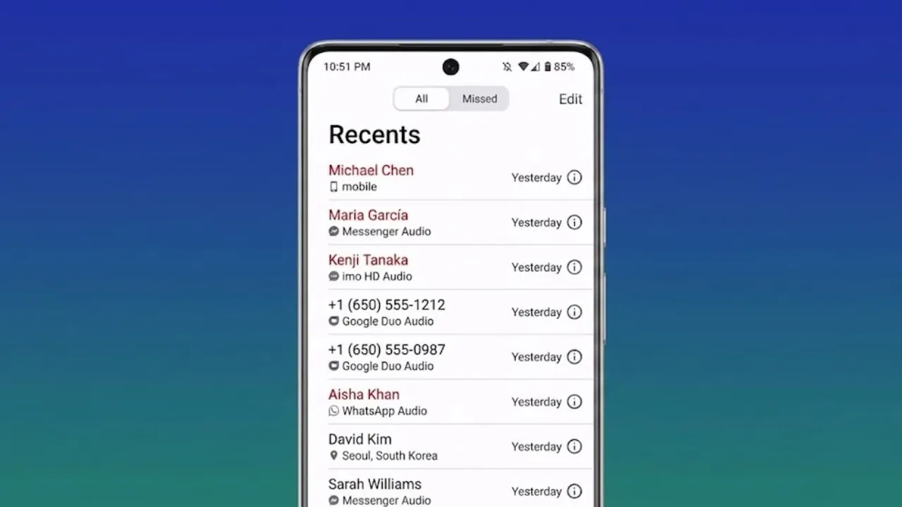 Android smartphone displaying the recent calls screen with the option to clear call history, demonstrating how to remove call logs safely without affecting contacts.